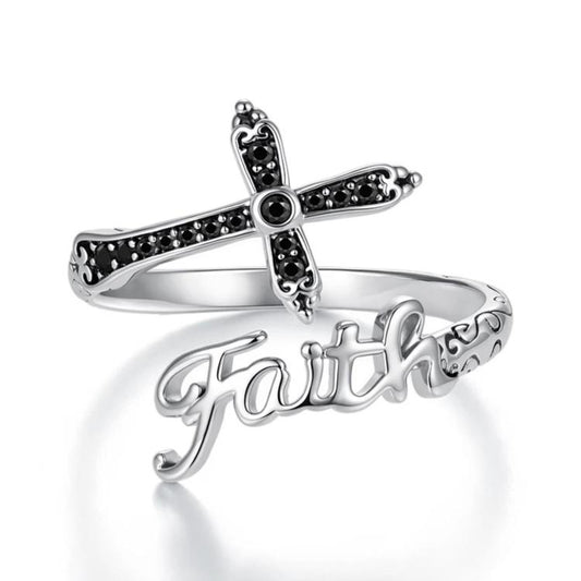 Cross adjustable ring in silver-tone with black stone accents and cursive Faith detail