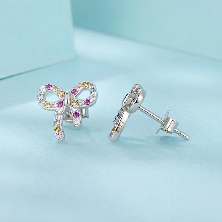 S925 Sterling Silver Sweet Bow Colorful Zirconia Stud Earrings