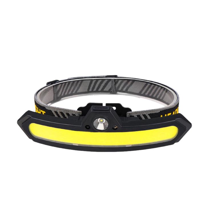 Black and yellow COB sensor headlamp with adjustable head strap and front lamp housing