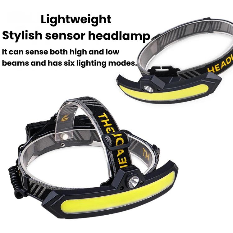 Black sensor headlamp with yellow LED strip and adjustable fabric headband