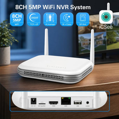 White WiFi NVR with two antennas and vented base on a tabletop