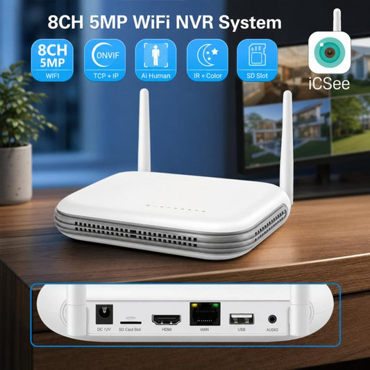 8CH Wireless NVR System For Security Cameras 5MP/3MP WiFi Network Video Recorder Support 2.5-Inch HDD & TF Card, US Plug, EU Plug, UK Plug