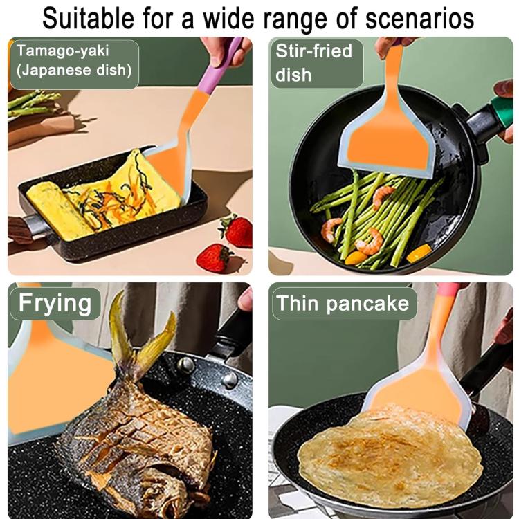 Wide-mouth orange silicone spatula lifting food from a nonstick frying pan