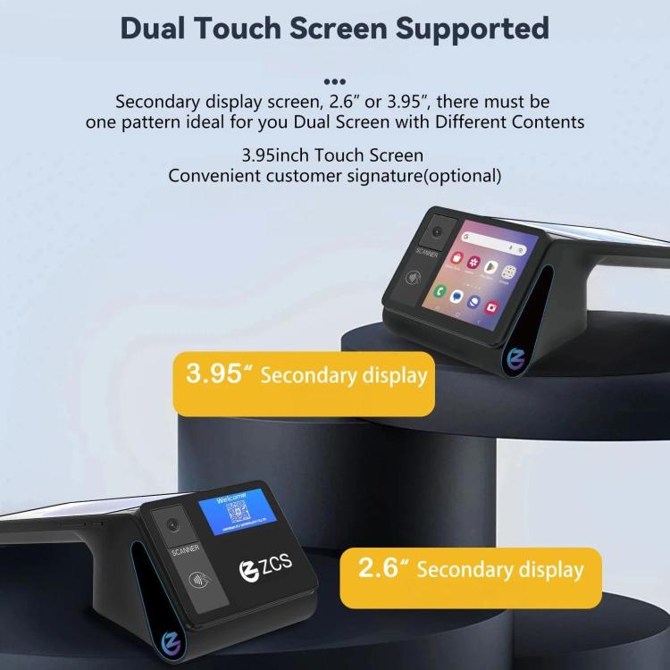 Android handheld POS cash register with secondary display and labeled dual-screen layout