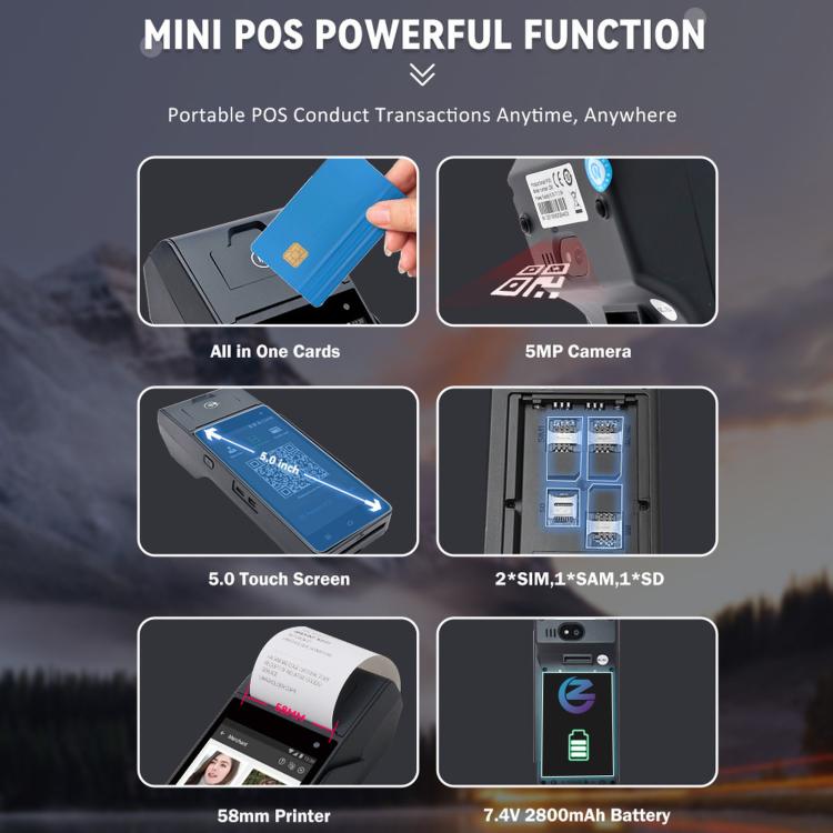Mini handheld POS terminal with touchscreen and integrated card/payment features