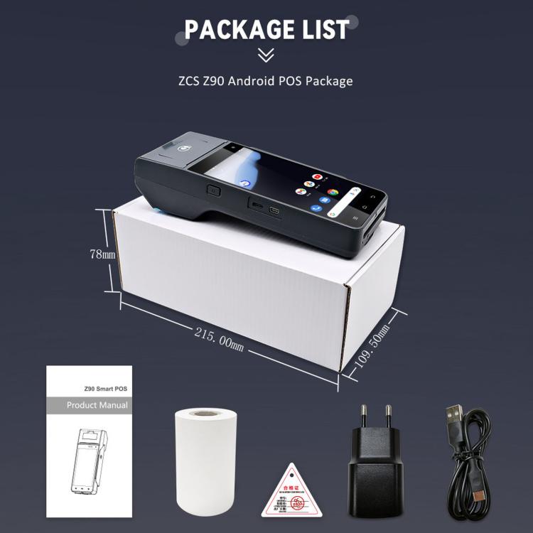 Portable POS package contents: terminal, accessories, power adapter, and paper roll