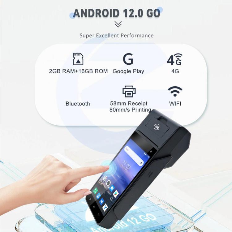 Handheld Android POS terminal with touchscreen display and built-in receipt printer