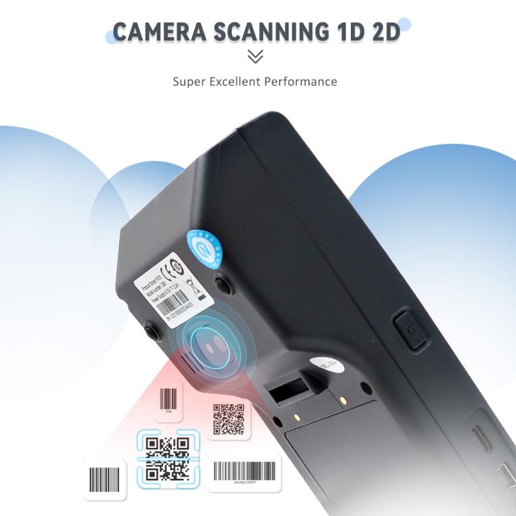 Portable POS terminal back view with barcode label, charging ports, and card reader