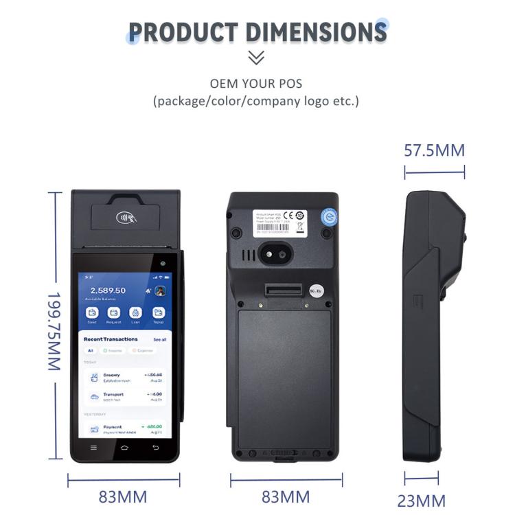 Handheld POS terminal dimensions: front, rear, and side profile with measurements