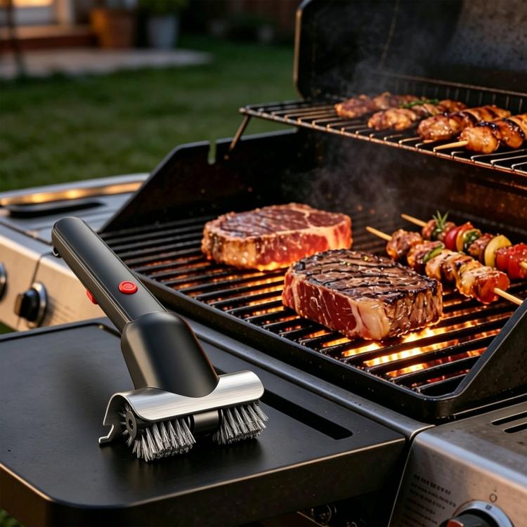Electric grill brush with stainless steel wire heads on an outdoor BBQ grill grates