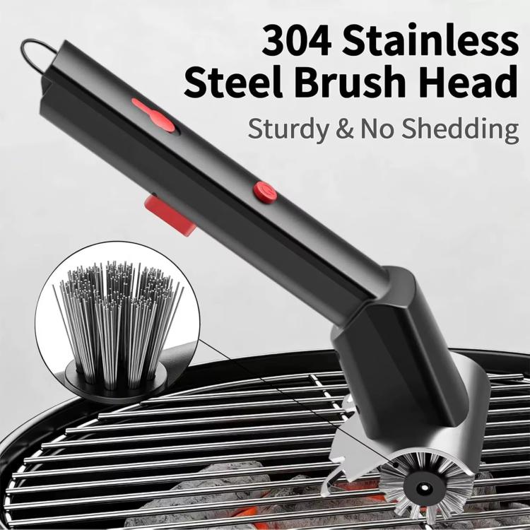 Electric grill brush with 304 stainless steel wire brush head and rotating cleaning wheel