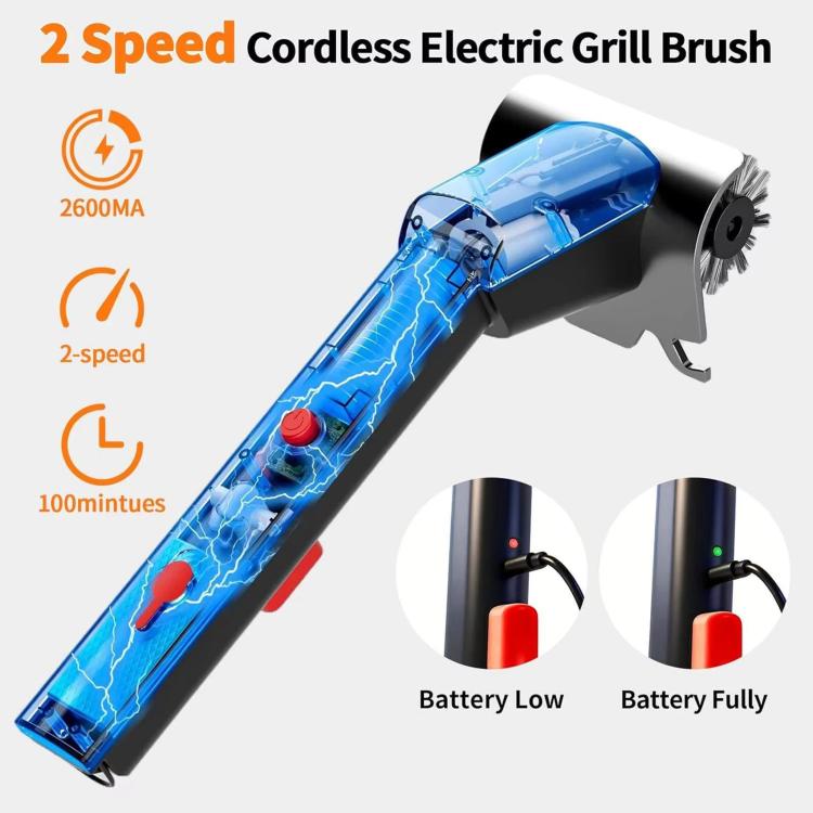 Cordless electric grill brush with water-spray chamber and rotating wire cleaning heads