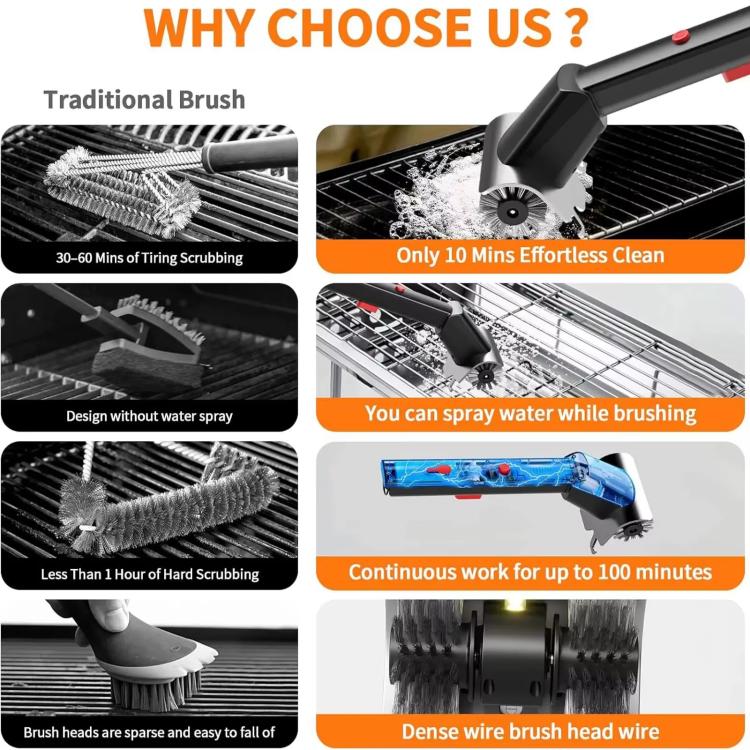 Electric grill brush with dense wire heads and side bristles for scrubbing grill grates
