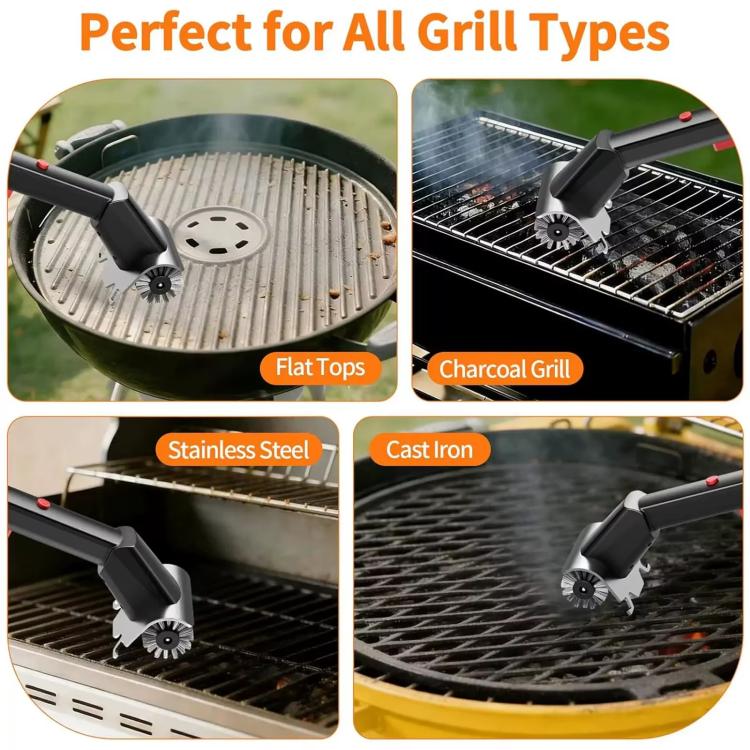 Electric grill brush with rotating stainless steel wire heads for flat-top or charcoal grills