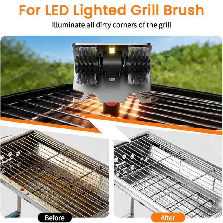LED-lit electric grill brush with dual rotating wire heads for cleaning grill corners