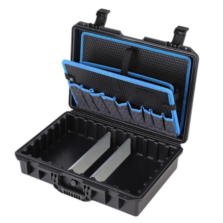 Black shockproof electrical repair toolbox with open lid and divider compartments