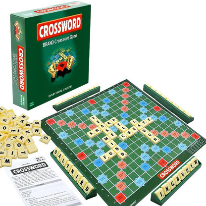 Alphabet spelling board game set with green crossword board, letter tiles, and box