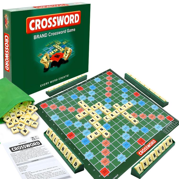 Alphabet spelling board game set with green crossword board, letter tiles, and box packaging
