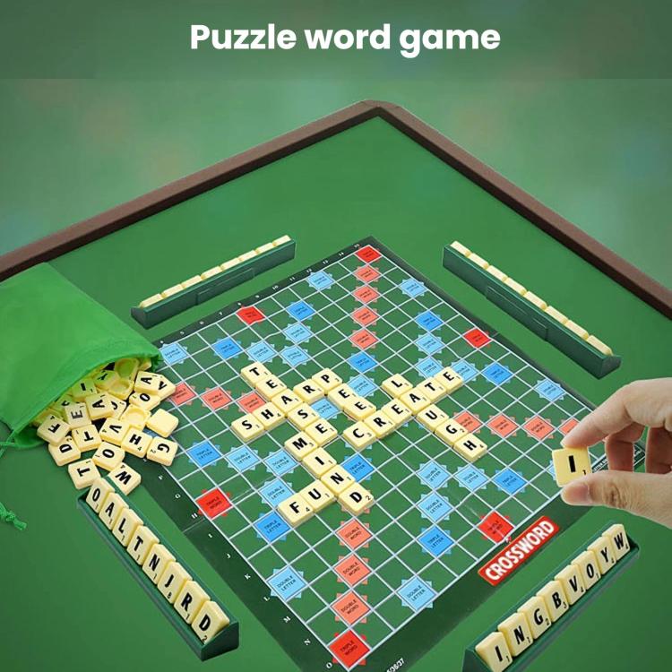 Alphabet spelling board game with green crossword grid, letter tiles, and four word trays