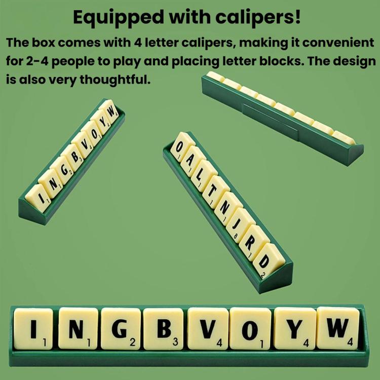 Alphabet spelling board game letter trays and square tiles arranged for word building
