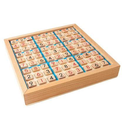 Wooden 9x9 number place (Sudoku) board with sliding pieces, blue grid edges