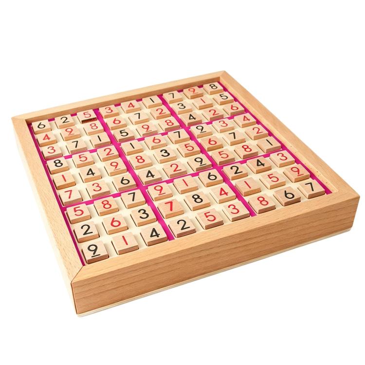 Wooden 9x9 number place board with sliding pieces, pink grid edges
