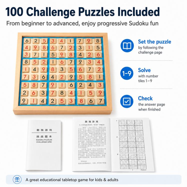 Wooden 9x9 sudoku board with included puzzle booklet pages on top