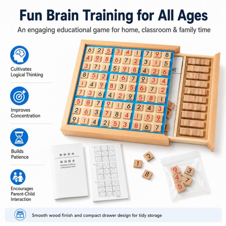 Wooden 9x9 sudoku board with number tiles and open storage drawer
