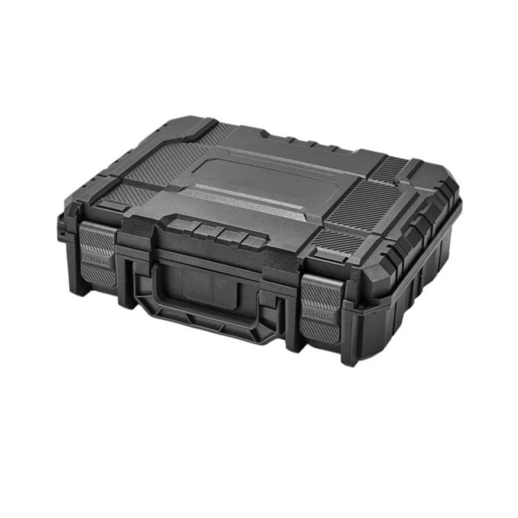 Portable dark plastic toolbox with molded handle and latch details