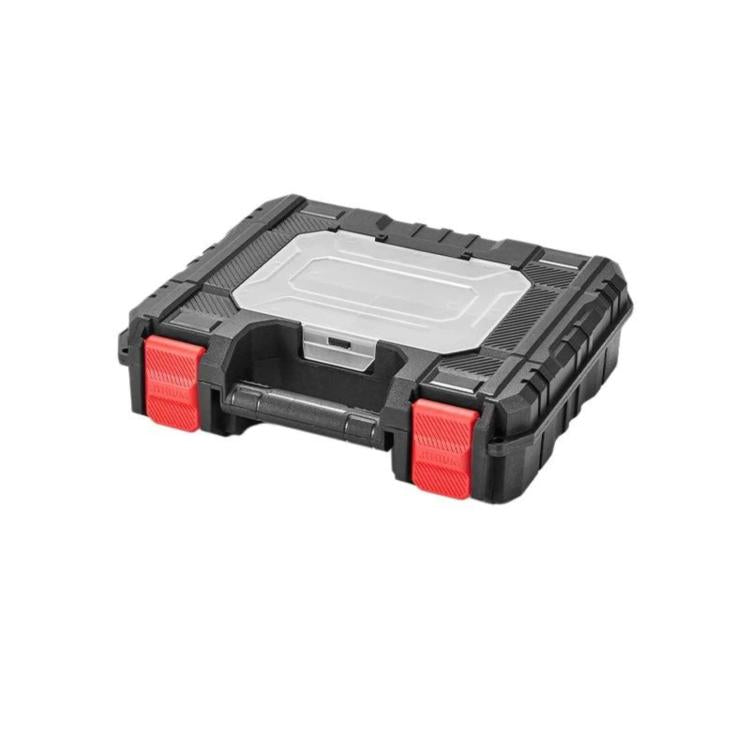Portable dark plastic toolbox with clear top lid and red side latches