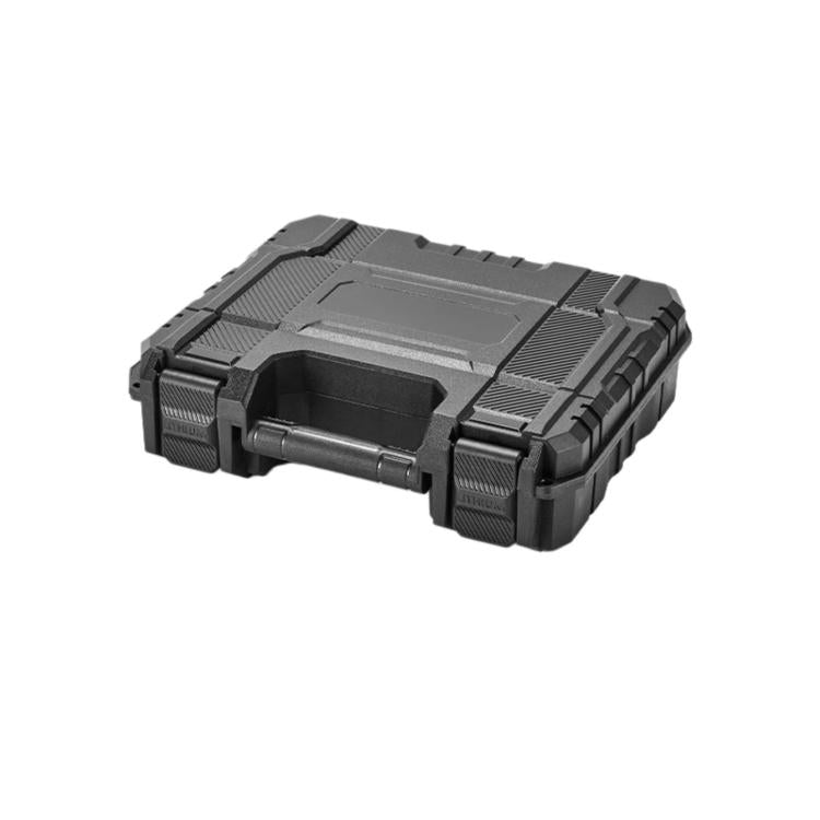 Portable dark plastic toolbox with open center tray compartment