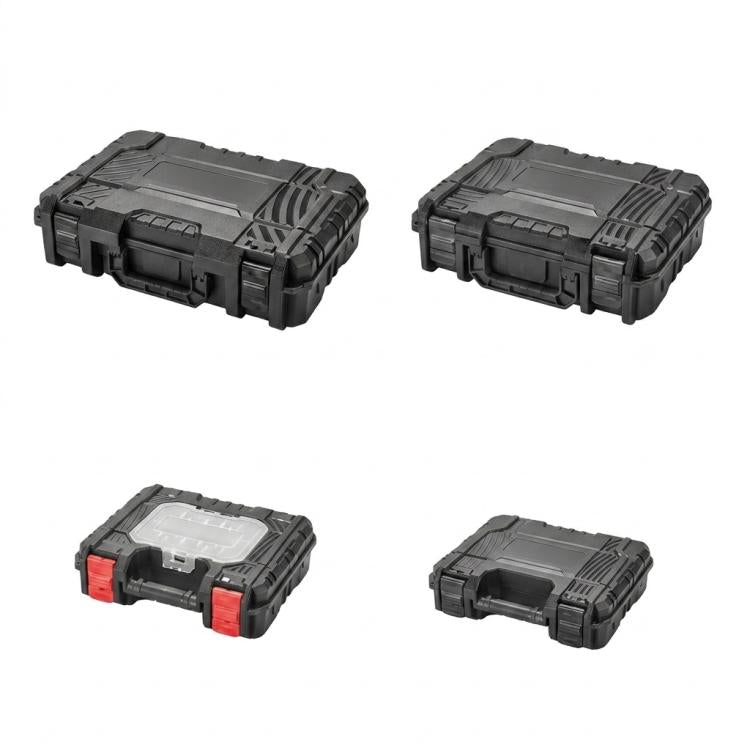 Portable dark plastic toolbox shown from multiple angles, front and side views
