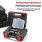 Portable dark plastic toolbox open with internal organizer tray and small parts visible
