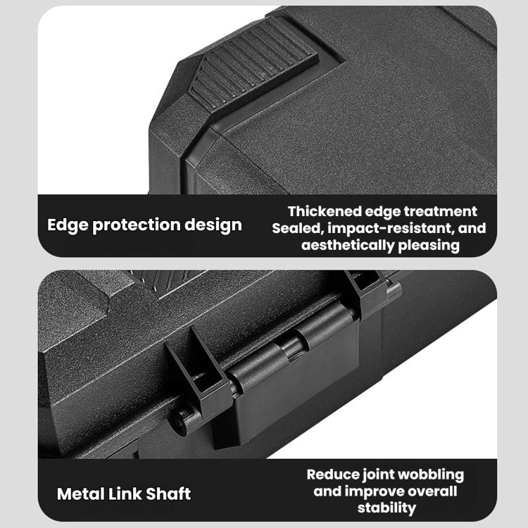 Portable dark plastic toolbox close-up of reinforced edges and thickened sides