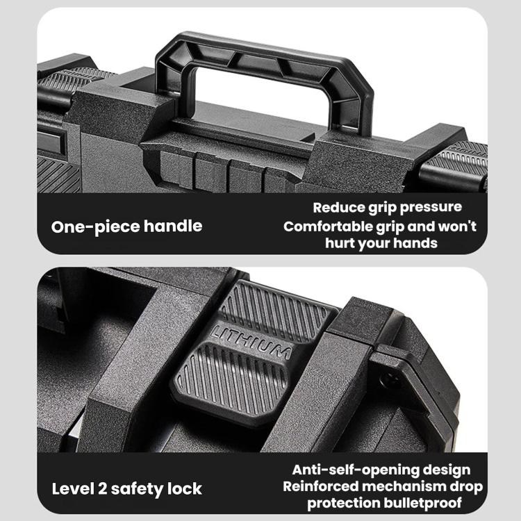 Portable dark plastic toolbox close-up of handle grip and safety lock details