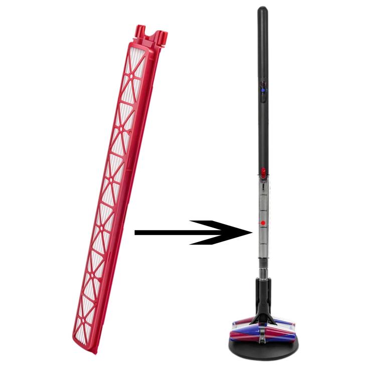 Dyson PencilVac replacement filter with red lattice frame and white pleated cartridge