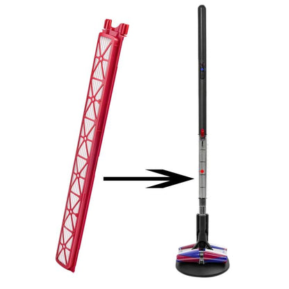 Dyson PencilVac replacement filter with red lattice frame and white pleated cartridge