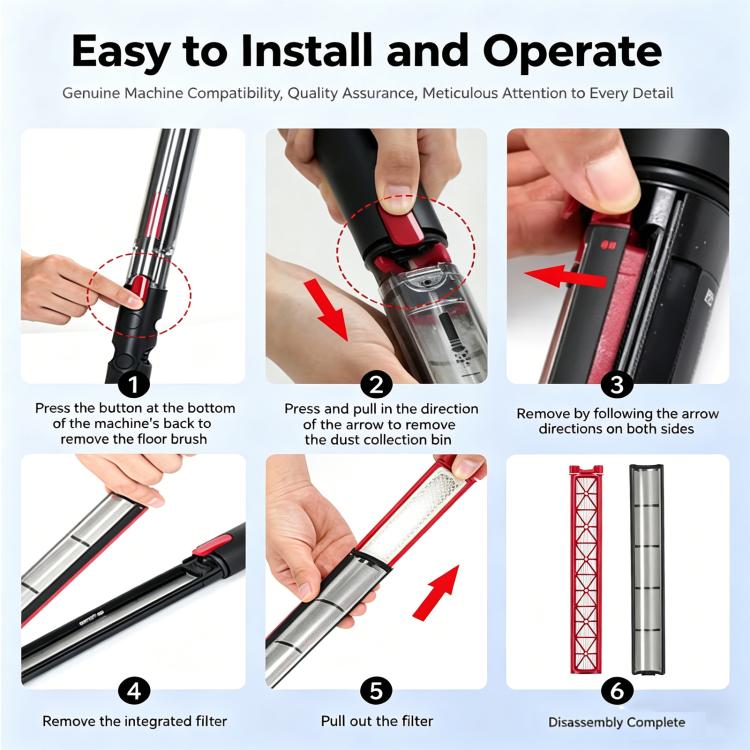 Dyson PencilVac replacement filter removal with red frame and white pleated cartridge