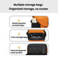Orange camera bag diagram showing elastic side pockets and internal mesh pocket