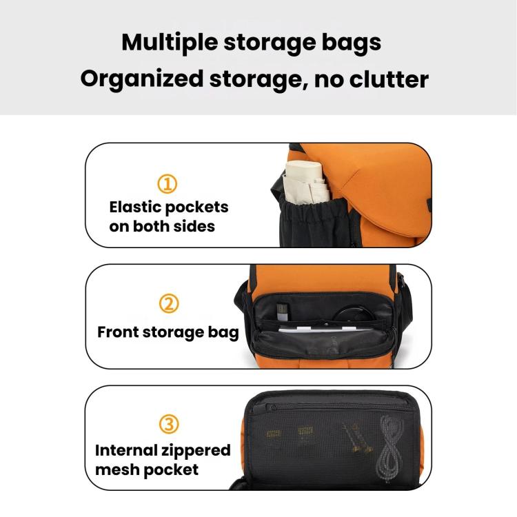 Orange camera bag diagram showing elastic side pockets and internal mesh pocket