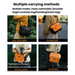 Orange DSLR bag shown in one-shoulder, crossbody, and waist-carry positions