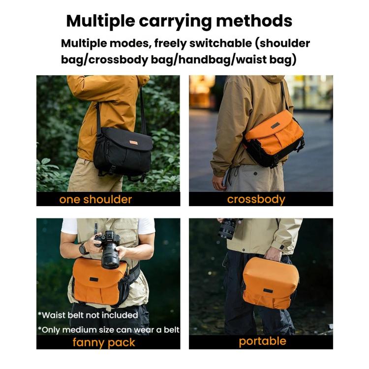 Orange DSLR bag shown in one-shoulder, crossbody, and waist-carry positions