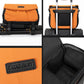 Orange DSLR shoulder bag with camera gear, handle view, logo patch, and open interior