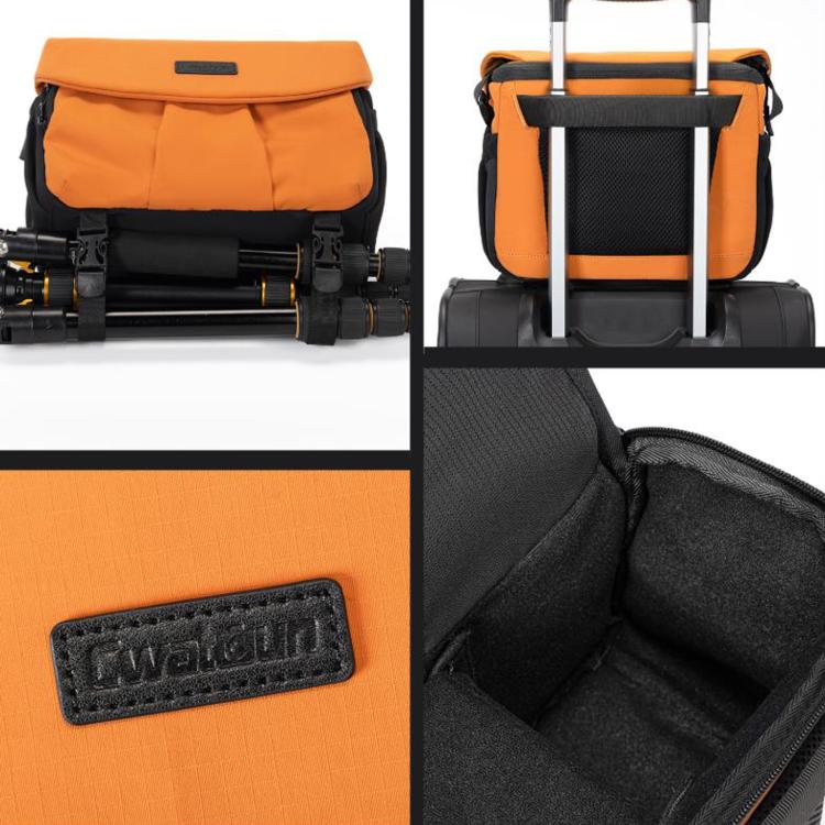 Orange DSLR shoulder bag with camera gear, handle view, logo patch, and open interior