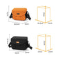 Orange medium and black large camera bag size diagrams with measurements