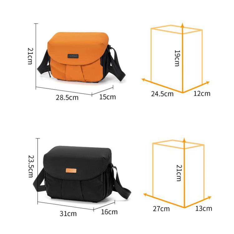 Orange medium and black large camera bag size diagrams with measurements