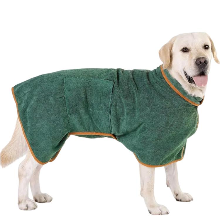 Pet bath robe for dogs and cats, green terry cloth with orange trim