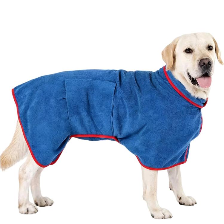 Pet bath robe for dogs and cats, royal blue terry cloth with red trim