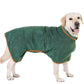Green absorbent pet bath robe with orange-trim collar and hood-like back