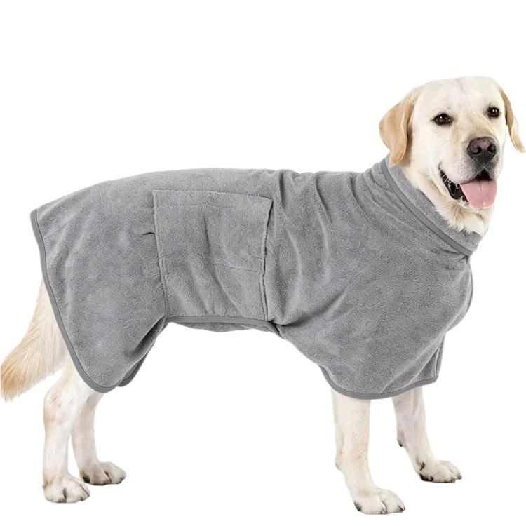Grey absorbent pet bath robe with soft raised collar and orange-trim edges